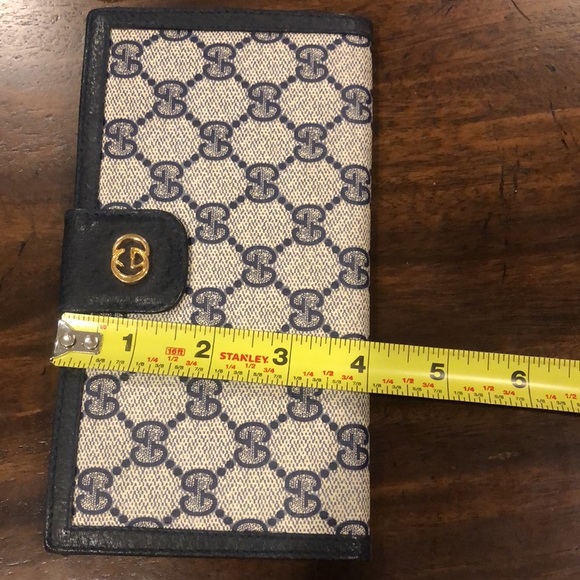 GUCCI GG Monogram Navy Blue Leather Coated Canvas Long Bifold Wallet Vintage - Picture 15 of 17